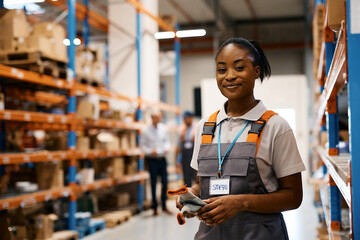 Happy African American female warehouse worker looks at camera.