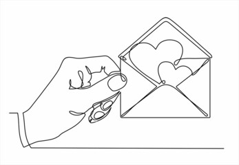 One continuous line drawing of hand holding Hearts in envelope. Vector illustration. St.  Valentine's Day