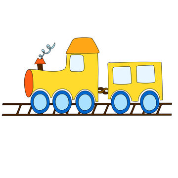 Cartoon engine, wagon, wheels and railway for child. TCute icon for holiday, birthday and shop. Vector.