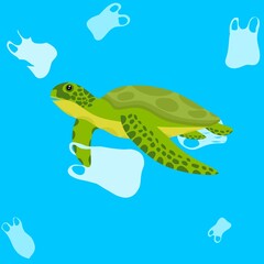 Plastic waste pollution in the sea. A large turtle swims in a sea of ​​trash, and gets stuck in a plastic bag. Green turtles are endangered. Polluted sea background illustration.