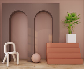minimal Cylinder abstract arch and geometric  decorated with minimal chair and plant in pink scheme color  studio interior 3d rendering.