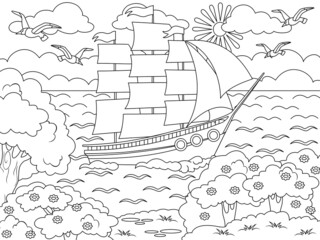Ship sails on the waves. Big sailboat and the nature of the island. Raster page for printable children coloring book.