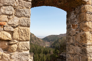 Window in the ruined monastery on the mountain Oybin. Saxony. Germany