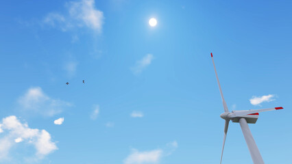 Fototapeta na wymiar 7680x4320 8K Ultra Hd. Offshore wind turbines farm on the ocean. Sustainable energy production, clean power, windmill. 3D Rendering.