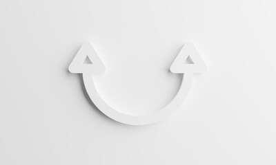 Two white arrow icons moving in a curved line on a white, smiley symbol,3d illustration.