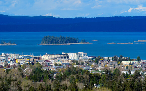 Aerial townscape and Salish Sea, Sidney, British Columbia, Canada