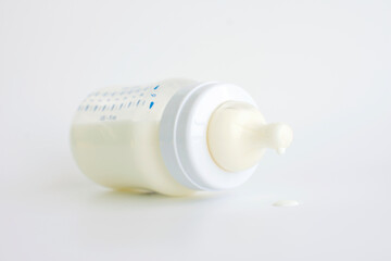 close-up of milk drops on a baby feeding bottle teat