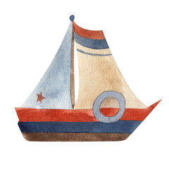 Watercolor sailing ship boat in retro style and blue red colors