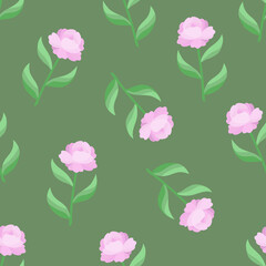 Seamless pattern with pale pink peony flowers on a green background. Soft delicate botanical floral print with garden plants. Vector graphics in vintage natural style for fabric, paper wrapping
