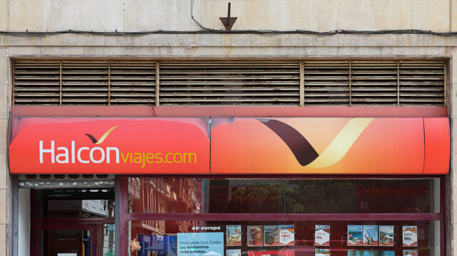 VALENCIA, SPAIN - MAY 05, 2022: Halcon Viajes is a Spanish travel agency chain