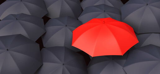3d render Red Umbrella shield protect and leadership different employee.insurance protection with umbrella concept.Cyber security cover the risk.rainy season.safety, unique idea.confident under crisis - obrazy, fototapety, plakaty