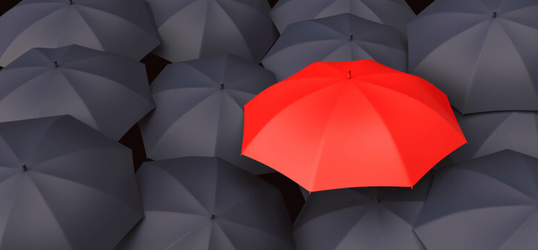 3d render Red Umbrella shield protect and leadership different employee.insurance protection with umbrella concept.Cyber security cover the risk.rainy season.safety, unique idea.confident under crisis