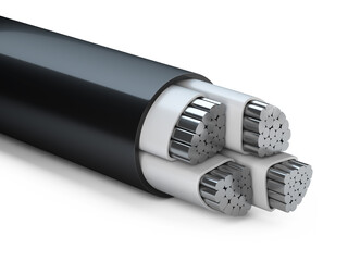 Aluminum industrial four-core cable in black insulation. The concept of power supply of the enterprise.