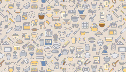 Seamless pattern with kitchen elements in flat style.
