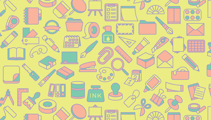 Obraz premium Office supplies seamless pattern on yellow background.