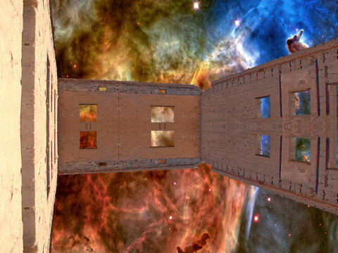 Old ruin with keyhole nebula landscape