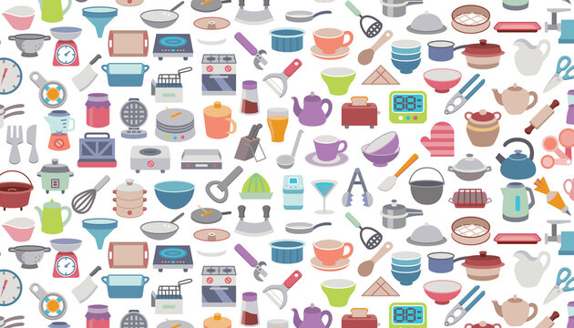 Vector seamless pattern of kitchen supplies.