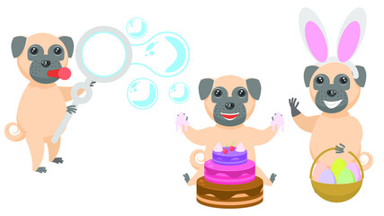Set Abstract Collection Flat Cartoon Different Animal Pug Dogs Puppy Blows Soap Bubbles, Eating Cake, In Bunny Ears With A Basket Of Eggs Vector Design Style Elements Fauna Wildlife