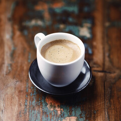 Coffee in glass cup on dark wooden background.