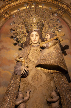 BARCELONA, SPAIN - MARCH 3, 2020: The traditional Madonna in the chruch Iglesia de Belen by Mariano Benlliure (1952).