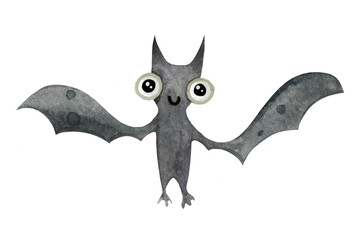 Cute hand drawn watercolor aquarelle bat character illustration halloween animal vampire isolated on white background.