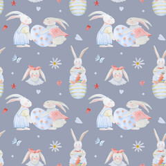 Easter seamless pattern with hand-drawn cute Easter bunnies, Easter eggs, gifts, carrots, flowers and hearts. Watercolor, beautiful, seamless Easter background.