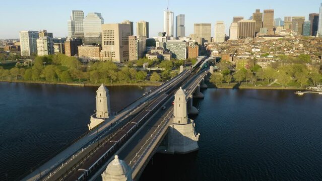 Aerial View of Subway Train Crossing Charles River to Downtown Boston. Beautiful Summer Day. Longfellow Bridge.