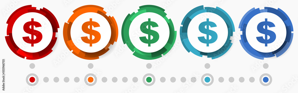 Poster us dollar currency, business concept vector icon set, modern design abstract web buttons i n 5 color