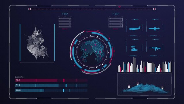 Futuristic HUD panel featuring geography markers across the globe along with military surveillance metrics