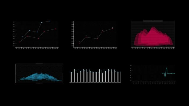 Futuristic HUD panel components featuring various bar charts, line charts, and spatial displays