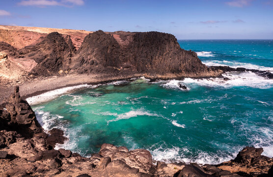 Aerial view of rocky coastline and Tia beach, Punta Jandia, Fuerteventura, canary Islands, Spain