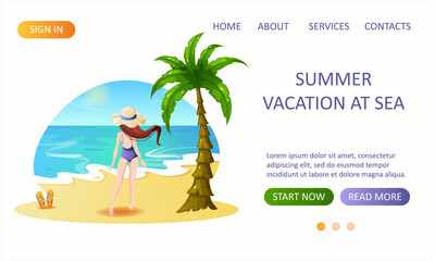 Website design with a woman standing on the seashore.