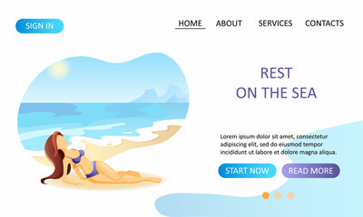 Website design with a woman lying on the seashore.