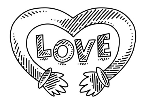 Hug in the shape of a heart with the word love in the middle symbolizing tenderness