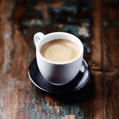 Coffee in glass cup on dark wooden background.