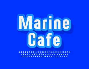 Vector advertising Banner Marine Cafe. Bright Sticker Font. Creative Alphabet Letters and Numbers set