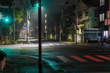 Green traffic light in mist over empty intersection and sidewalk at night