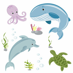 set of different marine inhabitants