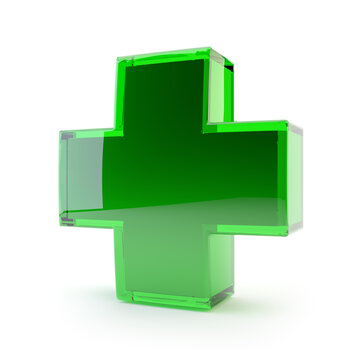 Green medical cross, pharmacy symbol. 3D illustration