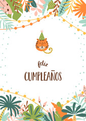 Feliz cumpleanos jungle birthday poster. Feliz Cumpleanos means Happy Birthday in Spanish. Tropical leaves and tiger