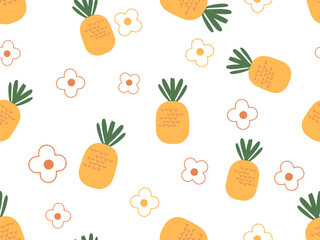 Seamless pattern with pineapples and cute flower on white background vector illustration.