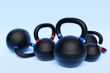 Training weights  on white isolated background. Dumbbells, kettlebell.
