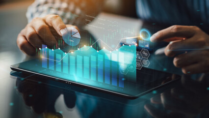 Business analysis big data screen and economic growth with financial graph. Concept of virtual dashboard technology digital marketing and global economy network connection. 3D illustration. - obrazy, fototapety, plakaty