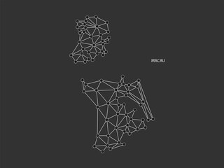 Fototapeta na wymiar Macau Map Point scales on black background. Wire frame polygonal network white line, dot and shadow dot.