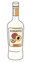 Peach schnapps in a bottle. Doodle cartoon hipster style vector illustration isolated on white background. For party card, posters, bar menu or alcohol cook book - obrazy, fototapety, plakaty