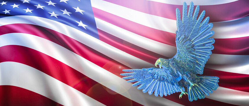 United States of America and China on trade, economics, taxes, business conflicts, finance, and power. Flags USA on a background of eagles -3d Rendering