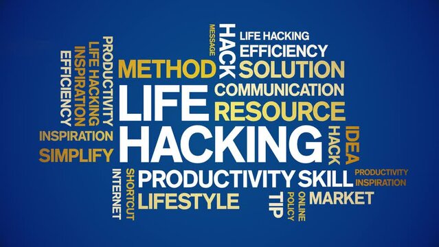 Life Hacking animated tag word cloud;text design animation kinetic typography seamless loop.