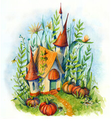 Obraz na płótnie Canvas Small house with pumpkin, flowers, leaves and grass. Hand drawn watercolor illustration.