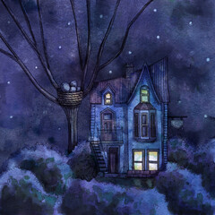 Night cottage with stars, tree, bushes, nest and eggs. Hand drawn watercolor illustration.