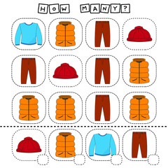 How many counting game with  long sleeve, coat, hat, pants. Preschool worksheet, kids activity sheet, printable worksheet
